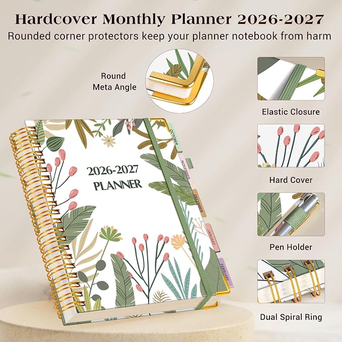 Planner 2026-2027, 18 Months Weekly and Monthly Daily Planner from January 2026 - June 2027, 5.75" x 8.38" A5 Hardcover Agenda Organizer Book 2026 with Tabs, Spiral Yearly Calendar Planners for School Work Home, Colorful Botanicals