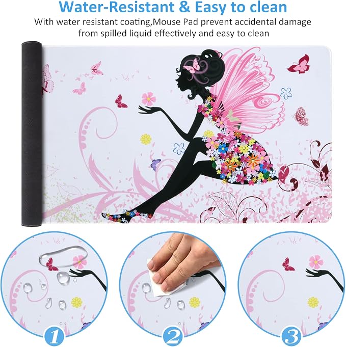 iCasso Extended Gaming Mouse Pad (35.4x15.7 in), Large 3mm Non-Slip Rubber Base Mousepad with Stitched Edges, Waterproof Keyboard Mouse Mat Desk Pad for Work, Game, Office, Home - Butterfly Girl