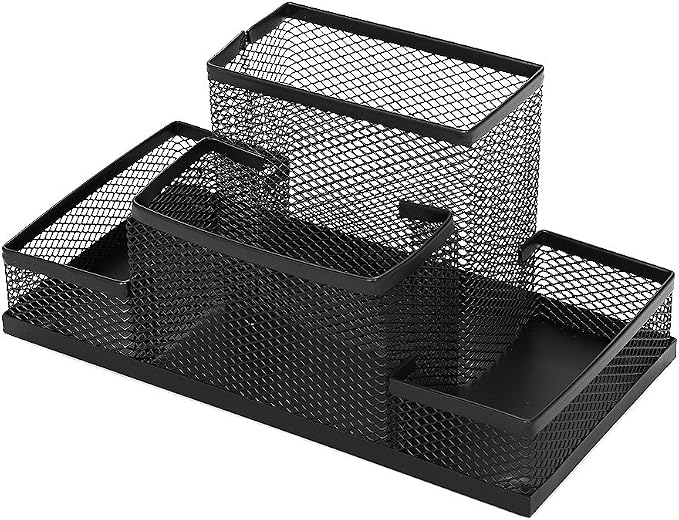 Mesh Desk Organizer for Office Mesh Pen Holder with 4 Compartments Desktop Stationery Holder Office Supplies Caddy with Sticky Notes Holder Mesh Basket Organizer Storage Black Mesh Pencil Holder