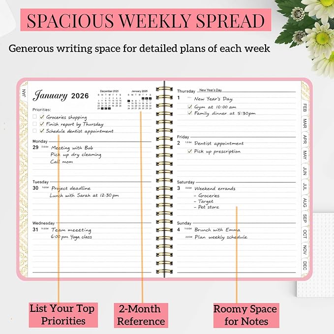 2026 Planner Weekly and Monthly,Pink Daily Cute Planner for Women Student,Jan 2026 to Dec 2026,Small A5 (6.3" x 8.5")Glitter Hardcover Spiral Agenda Calendar Book with Tabs for Office School Home Work
