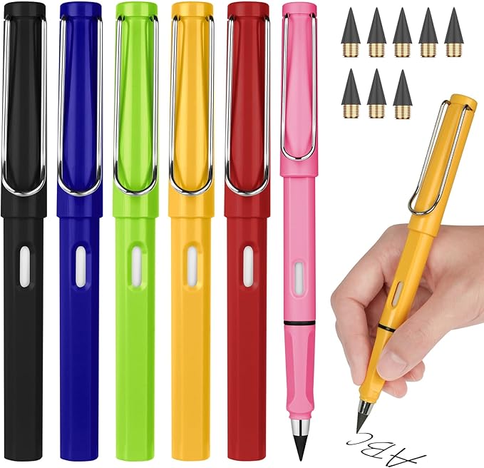 Ainiv Inkless Forever Pencil, 6 Sets with Eraser, Reusable with 6 Extra Nibs, Endless Pencil for Home Office School Supplies