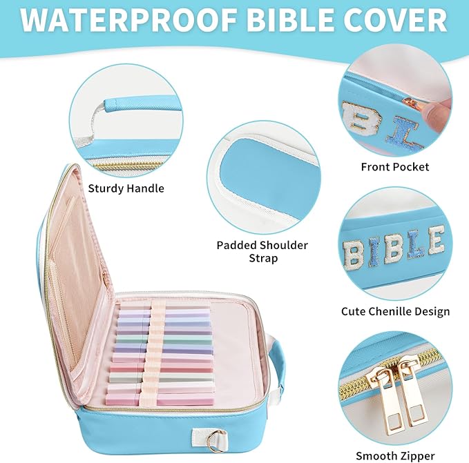 KOPKOFT Bible Cover Case for Women, Large Chenille Letter Leather Bible Case with Bible Study Accessories, Bible Study Supplies Bible Journaling Kit, Christmas Christian Gift for Women Girls (Blue)
