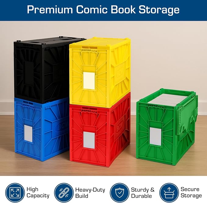 BCW Short Comic Book Bin 5 Pack – Assorted Colors | Comic Book Storage Box Set | Plastic Comic Organizer | Heavy Duty Acid-Free Bin with Partitions