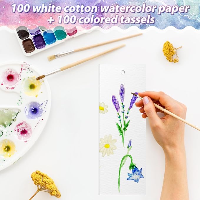 Skyygemm 200 Pcs Watercolor Paper Blank Bookmarks with Colorful Tassels DIY Book Marks Kit Cotton Watercolor Paper Bookmarks with Hole Bookmark Pad for DIY Classroom and Gifts Tags, 5.5 x 2 Inches
