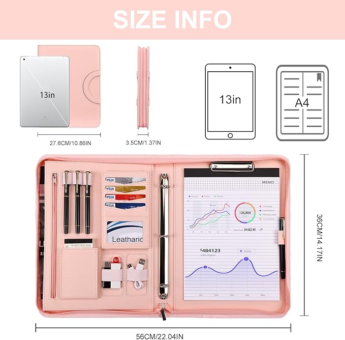 Leathario Portfolio Binder, Includes 5 Folder Index Dividers, 13 Inch Tablets Organizer with Handle, Vegan Leather A4 Padfolio, Multi-Pocket Notepad Business Planner Professional Document