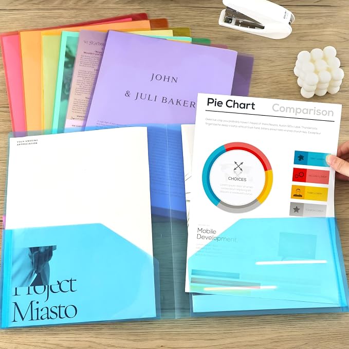 EOOUT Clear Folders with 2 Pockets, 24pcs Plastic Pocket Folders for Office Students and School, Letter Size, A4 Size, 8 Assorted Colors