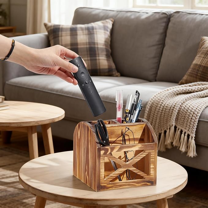1Pcs Rustic Wood Office Desk Organizer, Vintage Remote Control Holder 6.3x5.94inch Wooden Office Supplies Holder 3 Slot Tabletop Desktop Organizer Box for Living Room(BurlyWood)