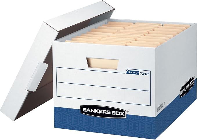 Bankers Box 0724303 R-Kive Storage Box, 12 x 10 x 15, Letter/Legal Size, White/Blue, 4/ct