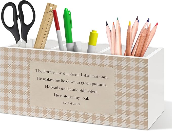 Christian Bible Verse Pen Holder, Christian Office Pen Pencil Holder Organizer for Desk Accessories, Religious Scripture Gingham Wooden Box Desk Decor for Home Office Desk Decorations