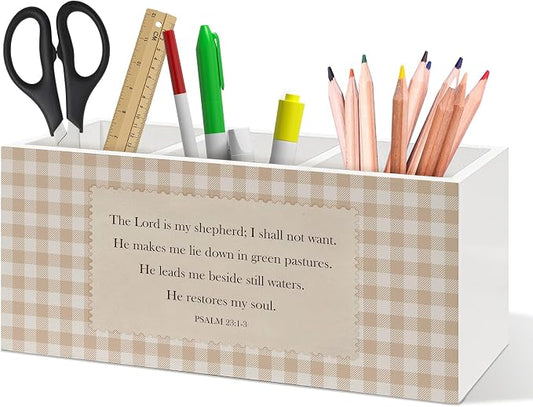 Christian Bible Verse Pen Holder, Christian Office Pen Pencil Holder Organizer for Desk Accessories, Religious Scripture Gingham Wooden Box Desk Decor for Home Office Desk Decorations