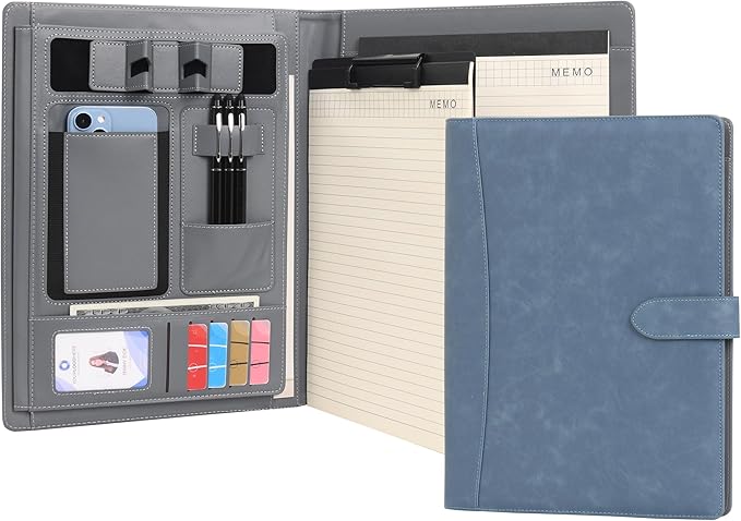Wason Portfolio Padfolio A4 Leather PU Folder File Document Holder Case with Writing Pad Removable Clipboard Card Stationary Case Phone Tablet Stand for Organizer Office Travel School (Blue)