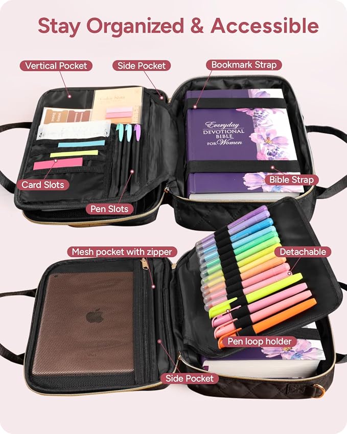 BellaHold All-in-One Bible Journaling Kit – Quilted Bible Cover Case for Women, 31 Highlighters, 75 Tabs, Bible Study Supplies & Christian Gift for Women and Teens (Shoulder Strap, Black)