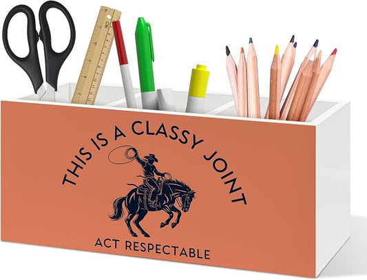 Funny Western Cowboy Pen Holder, Western Office Pen Pencil Holder Organizer for Desk Accessories, Cowboy Gifts, Southwestern Wooden Box Desk Decor for Home Office Desk Decorations