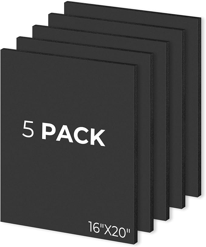 Mat Board Center, Pack of 5, 16x20 Foam Boards Acid Free Black Foam Core Boards for Mounting, Crafts, Display, Presentation and Projects, 3/16" Thick