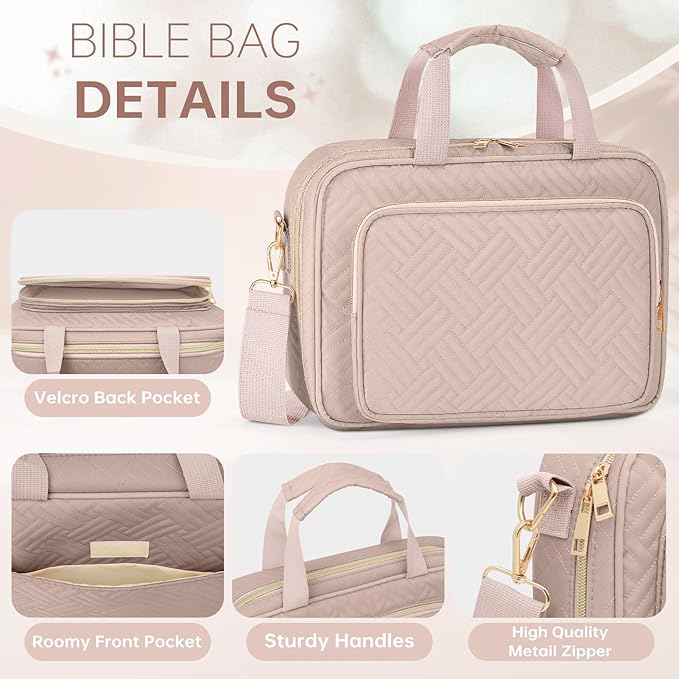 Bible Cover Case for Women Bible Study Supplies Christian Gifts for Women Church Camp Essentials Christian Bible Journaling Kit Quilted Large Bible Cover with Durable Handle (Pink, Large)