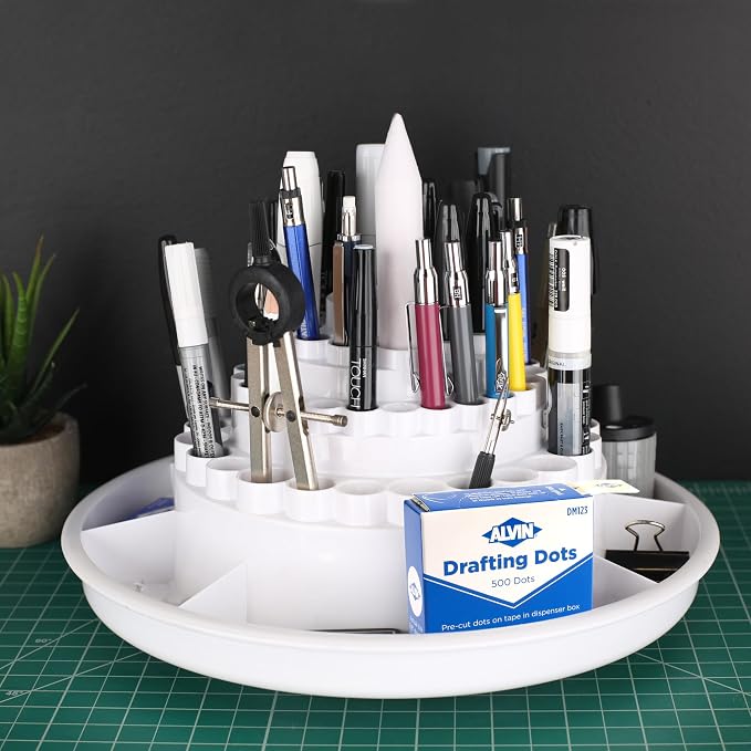 ALVIN, Spin-O-Tray, 9893-1, Rotating Desktop Receptacle, Art, Drafting, and Design Storage Tool, Great for Students, Hobbyists, and Professionals Alike - White
