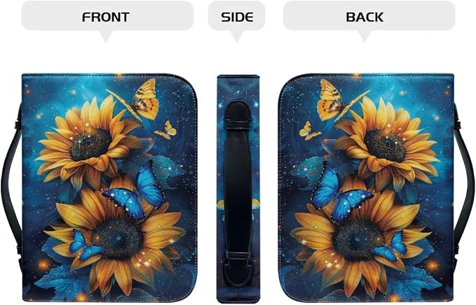 Sunflower Bible Bag Blue Butterfly Bible Cover Case Women Girls Bible Protective with Detachable Shoulder Strap & Zippered Pocket Size：2XL