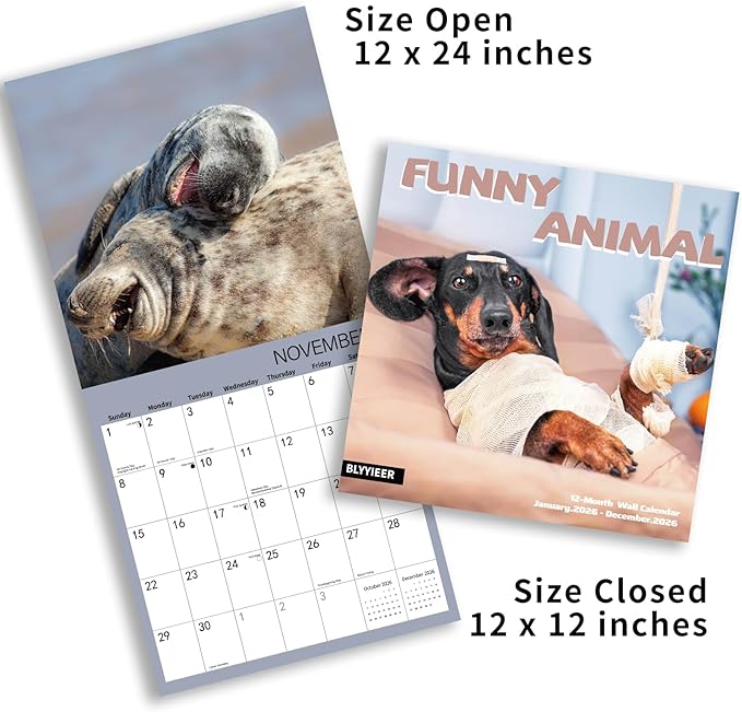 2026 Wall Calendar Funny Animal, 14 Months Hangable Wall Calendars, 12" x 24" (Open), Thick Glossy Paper, Organizing & Planning