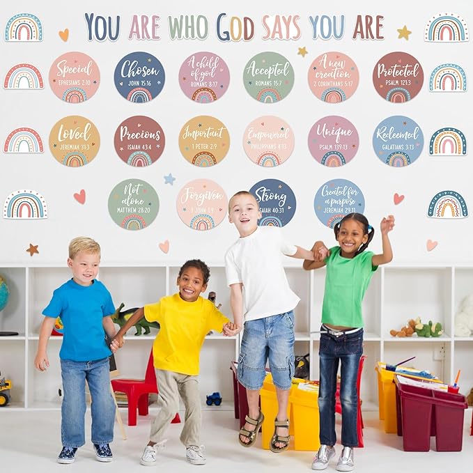 Christian Bulletin Board Decoration Religious Boho Rainbow Bulletin Board Set God Says You are Church Classroom Wall Decor Boho Motivational Inspirational Cutout for Sunday School Home Church Supplies