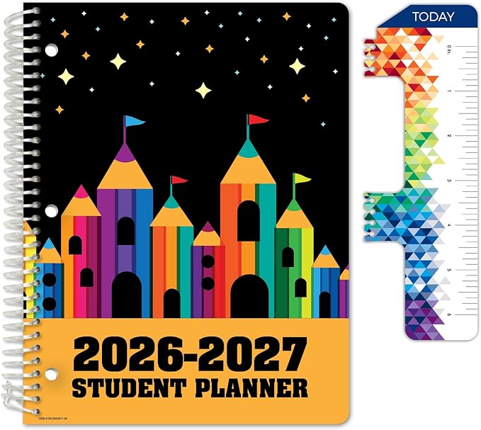 Global Datebooks 2026-2027 Elementary Student Planner 8.5" x 11" - Dated Weekly & Monthly Academic Planner with Ruler/Bookmark & Stickers, Ideal for Homework, Matrix Style, Pencil Castle