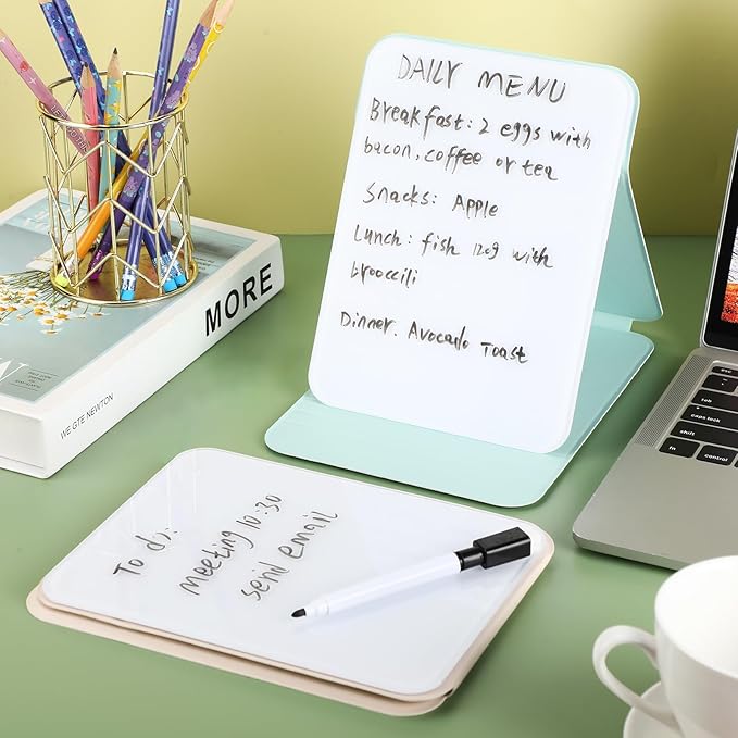 Dunzoom 2 Pcs Small Glass Desktop Whiteboard with Reversable Stand 8 x 6 Inch Mini Dry Erase White Board Easel with 2 Markers Reusable Desk Notepad for Home Office School Supplies (Pink,Green)