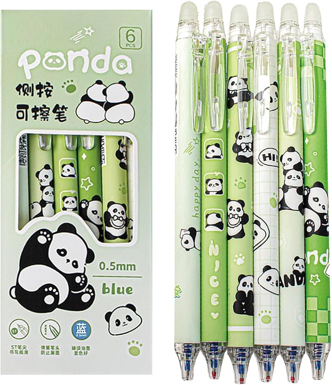 MOZXIRZ 6 Pcs Cute Erasable Retractable Pens Erasable Gel Ink Pens Cartoon Panda Pen 0.5mm Blue Ink Pen Cartoon Writing Pen Office School Supplies Women Girls Boys(Blue Ink-Panda)