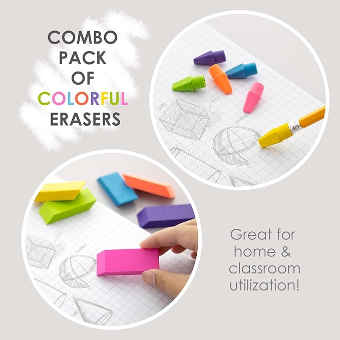 BAZIC Products Erasers + Pencil Top Erasers Set (12/Pack), Block Bevel Erasers Neon Color, Arrowhead Caps Tops, Latex Free, for Art Drawing School, 2-Packs