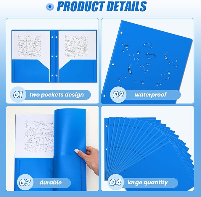 Yeaqee 72 Pcs Plastic Folders with Pockets Bulk 3 Hole Punched 2 Pocket File Folders for 3 Ring Binder Divider Folder for Notebooks, Durable Poly for Office Home (Blue)