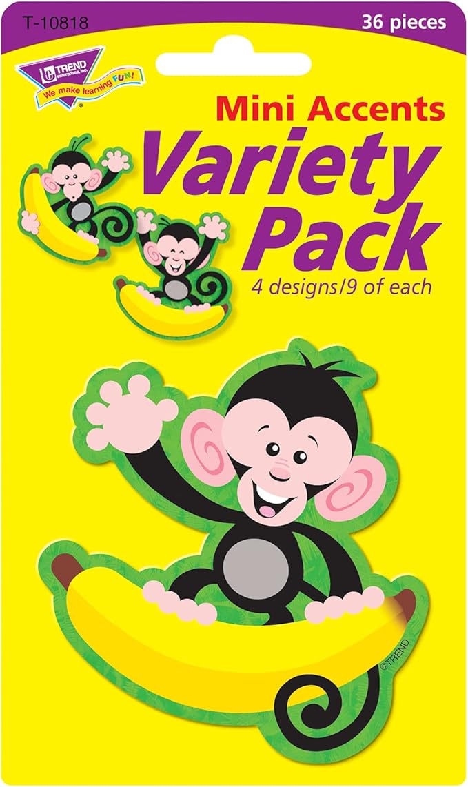 TREND Monkeys and Bananas Mini Accents Variety Pack, Classroom Bulletin Board Cut Outs, 3 Inches, 36 Count