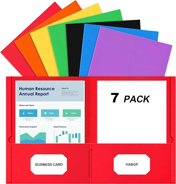 HABGP Two Pocket Folders, 7 Pack Paper Folders with Pockets Fit 8.5 x 11 Letter Size Paper, 7 Assorted Colors File Folders with Pockets and Business Card Slots for School Office Home Business