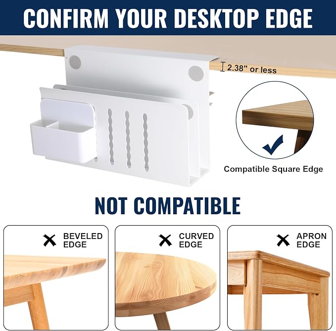 2 Tier Desk Side Storage, Under Desk Laptop Mount, Clamp On Desk Shelf for Tablet, Files,Accessories, No Drill Hanging Desks Caddy for Office and Home, Load 30Lbs, White