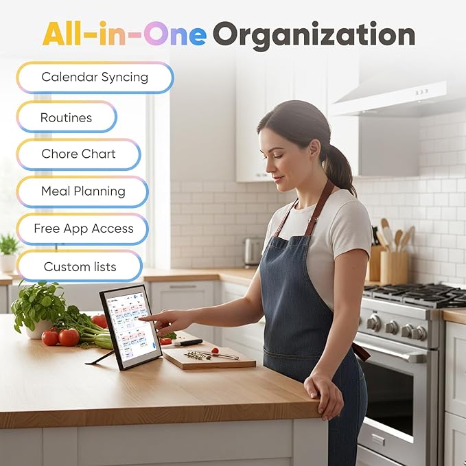 10.1 Inch Smart Family Digital Calendar with Touchscreen – All-in-One Planner, Chore & Meal Chart, Syncs with Google/Outlook/iOS, WiFi Desk Organizer & Digital Photo Frame (Black)