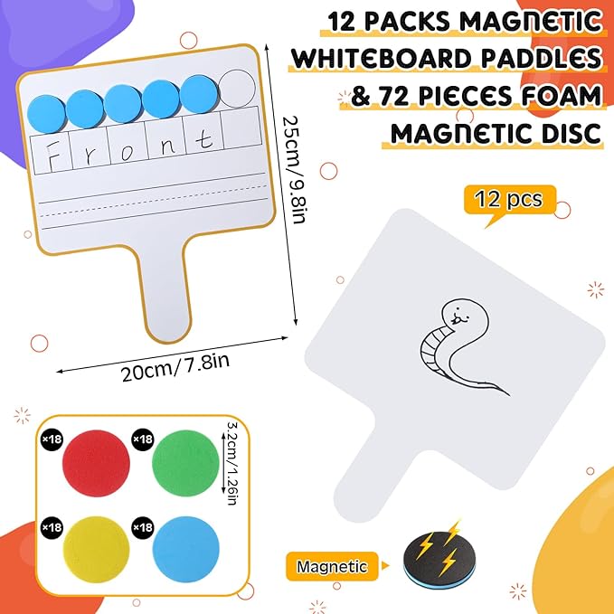 Seajan 12 Pcs Magnetic Paddle Set Education Dry Erase Double Side Handheld Answer Board with Magnetic Counters Discs Phonemic Awareness Phonics Games Toy for Students Kids Teaching (Multicolor)