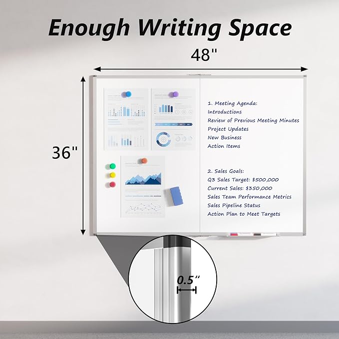 Magnetic White Board Dry Erase Board for Wall, 48" x 36" (4' X 3') Wall-Mounted Large Whiteboard for School, Classroom, Office & Home
