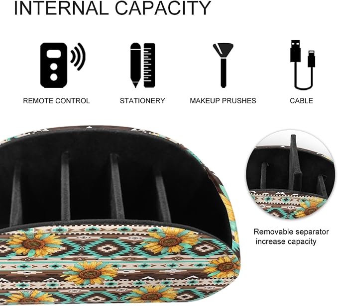 FUSURIRE Remote Control Holder Vintage Sunflower Aztec Geometry Print PU Leather Organizer Box with 5 Compartments for Home Office Supplies,Remote Caddy Desktop Storage for Controllers,Media Player