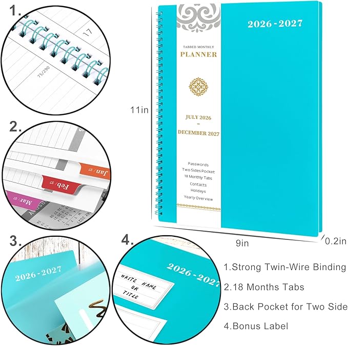2026-2027 Monthly Planner - Planner/Calendar 2026-2027, JUL 2026 - DEC 2027, 9" x 11", 18 Month Planners with Tabs, Pocket, Label, Contacts and Passwords, Twin-Wire Binding, Blue