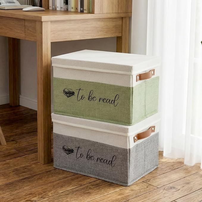 Marsui Book Lover Gifts TBR Book Storage Basket with Lids to Be Read List Storage Bin Bookish Accessories Bookworm Gift for Club Members Student Teacher Reading Accessories(White and Green)