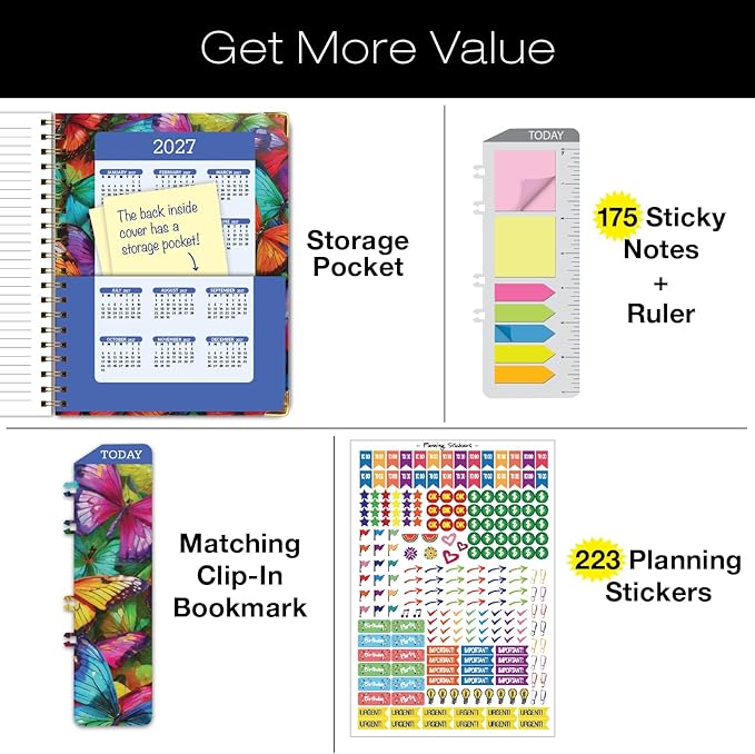 HARDCOVER Academic Year 2026-2027 Planner: 14 Months (May 2026 Through June 2027) 8.5"x 11" Daily Weekly Monthly Planner Yearly Agenda. Bookmark, Pocket Folder and Sticky Note Set (Colorful Butterflies)