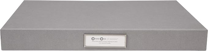 Bigso Sven Fiberboard Classic Hinged Document Box - File Organizer for Important Paperwork - Document Storage Box with Hinged Lid & Metal Label Window - 1.8 in x 13.2 in x 9.3 in - Grey