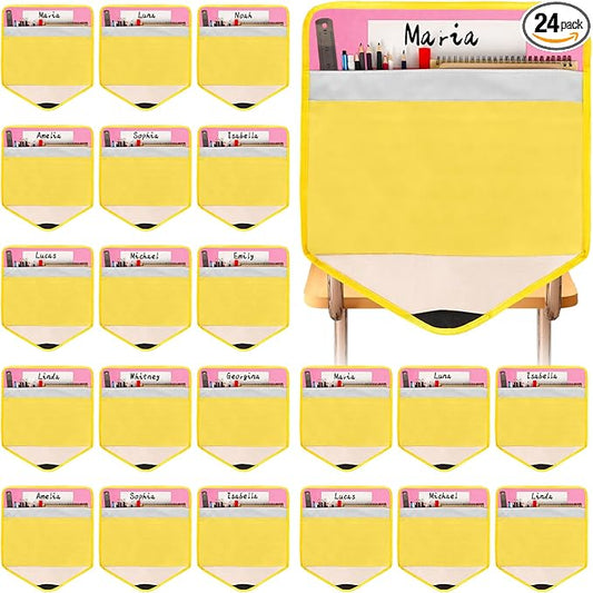 24Pcs Pencil Chair Pockets for Classroom Pencil Chair Back Buddy Pocket with Name Tags 17 x 20In Chairs Organizer 3 Pockets Seat Storage Pocket for Kids School Classroom Daycare Home Supplies