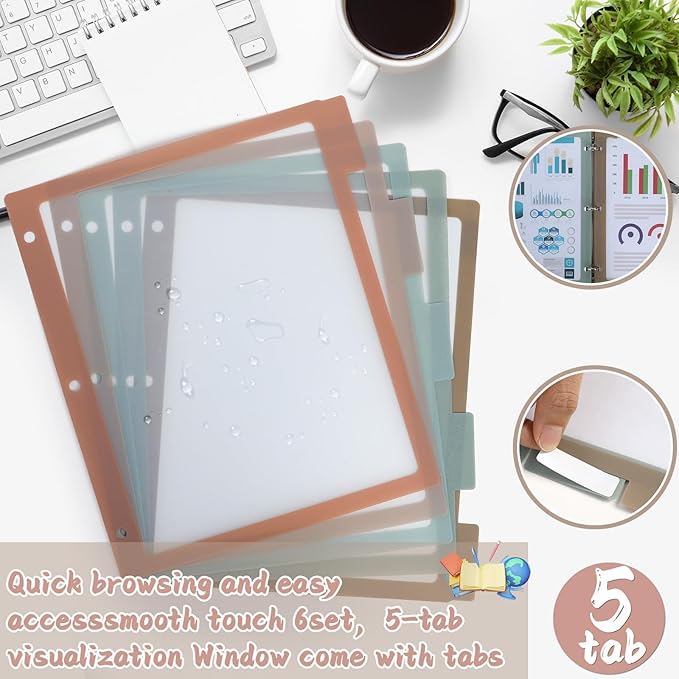 30PCS/6 Set 3 Ring Binder Dividers with 5 Tabs Color Page Dividers for 3 Ring Binder with Tabs 11.5×8.5inch Clear Folder Divider 3 Ring File Dividers Tabbed Index Dividers for School Office (Morandi)