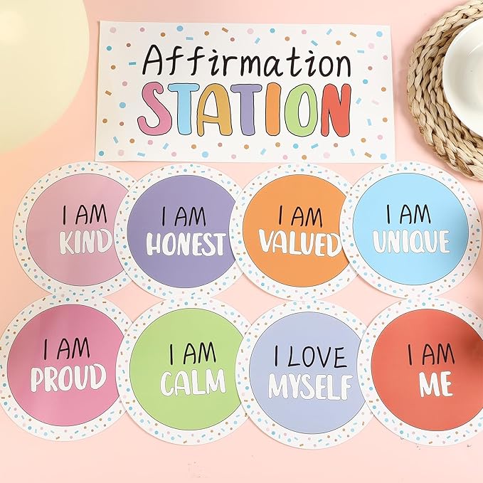 Pastel Affirmation Station Bulletin Board Set Positive Bulletin Board for Classroom Mirror Growth Mindset Decoration Inspirational Motivational Accent Color Cutouts for Home School Teacher Wall Supply