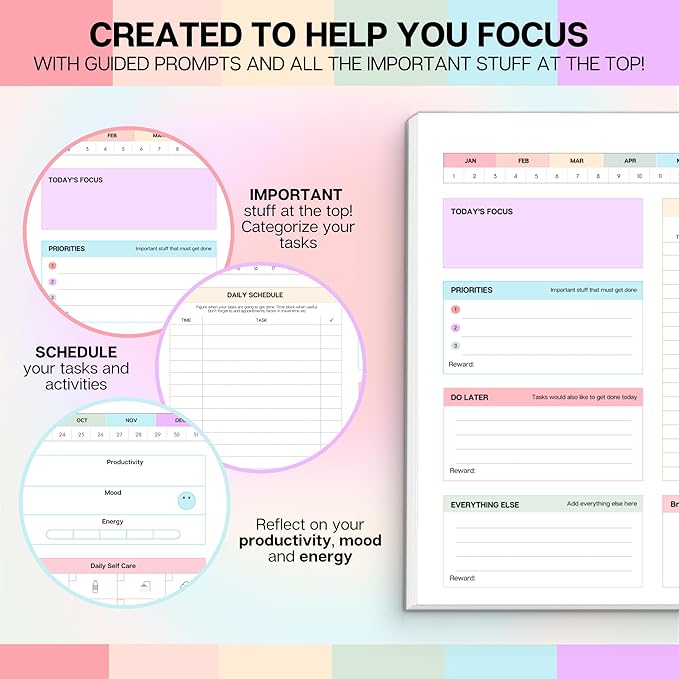 ADHD Daily Planner Notepad for Neurodivergent Adults - Productivity Daily Planner Desk Pad & Task Management to Stay Organized and Focused Note Pad (Rainbow, A4 Landscape)