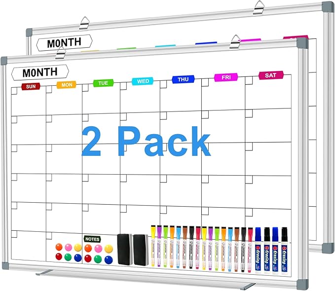 2 Pack Calendar Whiteboard for Wall 36" x 24", Magnetic Dry Erase Board Calendar for Wall, Monthly Wall Mounted White Board with Eraser & Marker & Magnet