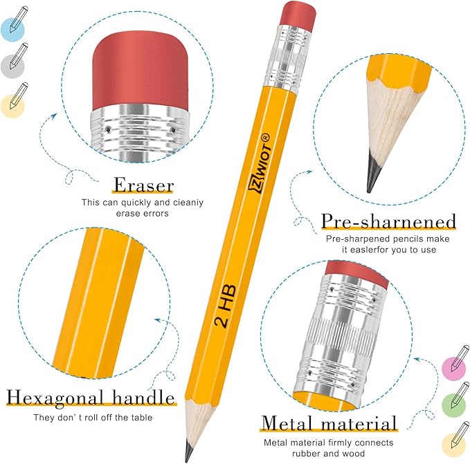 ZWlOT Golf Pencils with Eraser, #2 HB Half,4" Mini,Pre-Sharpened,120/200/320 Count Pencils Wood Cased Short for Classroom, Office, School, Wedding and Party Game(Yellow-200pcs)
