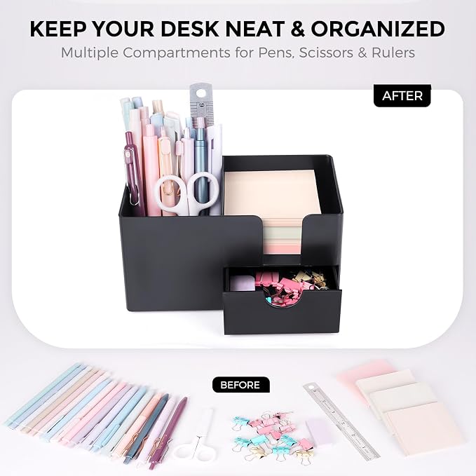 SKYDUE Small Desk Organizer with Drawer | 3 Compartments, Desk Pen Holder, For Home, School, Classroom & Office