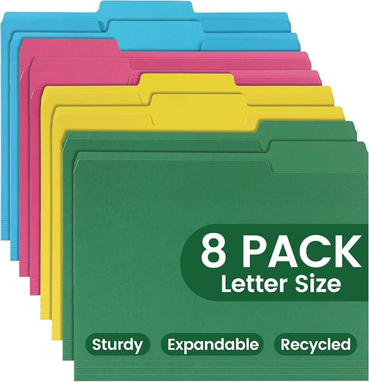 Colored File Folders 8 Packs, Letter Size, 1/3 Cut Tab. Chromatic Manila Folders 8.5 x 11 for Documents, File Folders with Foldable Lines for Easy Storage, Carpetas para Documentos for Office, School