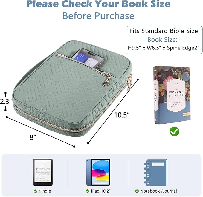 APLUFINE Quilted Bible Cover for Women, Large Bible Bag with Handle & Shoulder Strap, Bible Study Supplies Organizer, Zipper Bible Carrying Case, Christian Gift Book Cover Fits 9 x 6 Bible