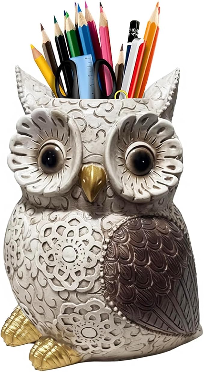 MUAMAX Owl Pen Holder, Owl Pencil Holder for Desk, Makeup Brush Holder Resin Resin Desk Organizer Decorative Accessories, Cute Pencil Cup Pot Desktop for Office Supplies, Classroom, Home