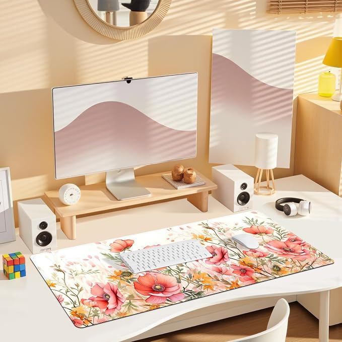 XXL Desk Pad Mouse Pad, Large Gaming Mouse Mat with Stitched Edges, Non-Slip Waterproof Rubber Base Mous Mat for Office Computer Keyboard Laptop Home Decor Women (35.4X17.5 in), Coral Flowers